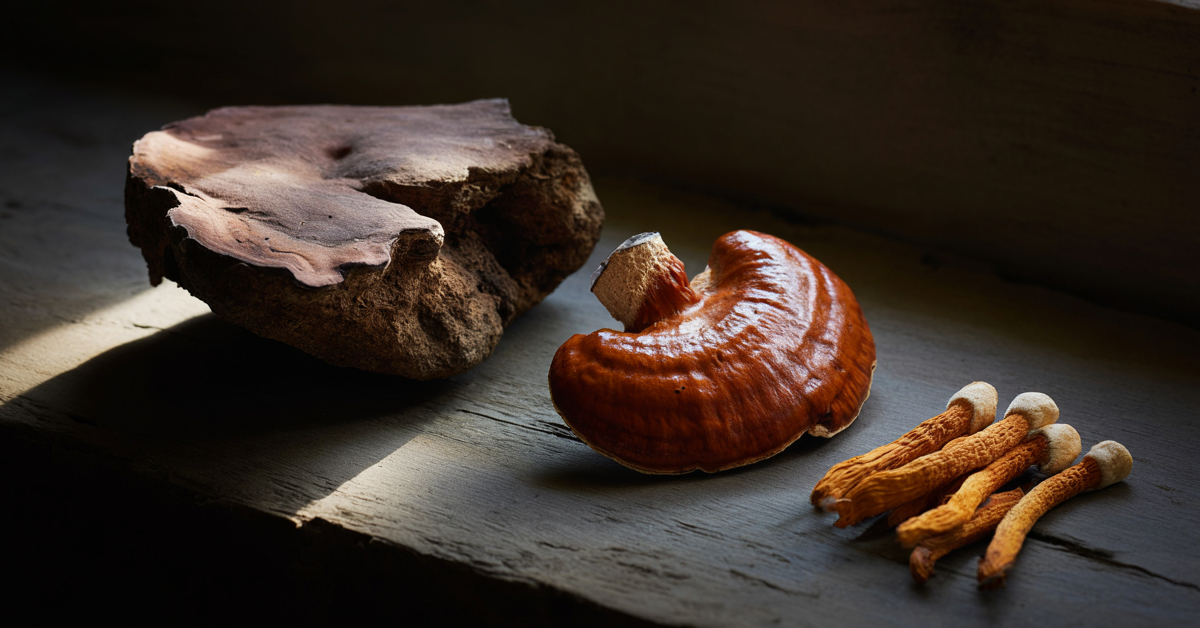 Co to są adaptogeny - trzy grzyby witalne: Chaga, Reishi i Cordyceps na drewnianym tle