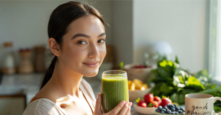 Dieta na cerę - kobieta z promienną skórą trzymająca szklankę zdrowego smoothie