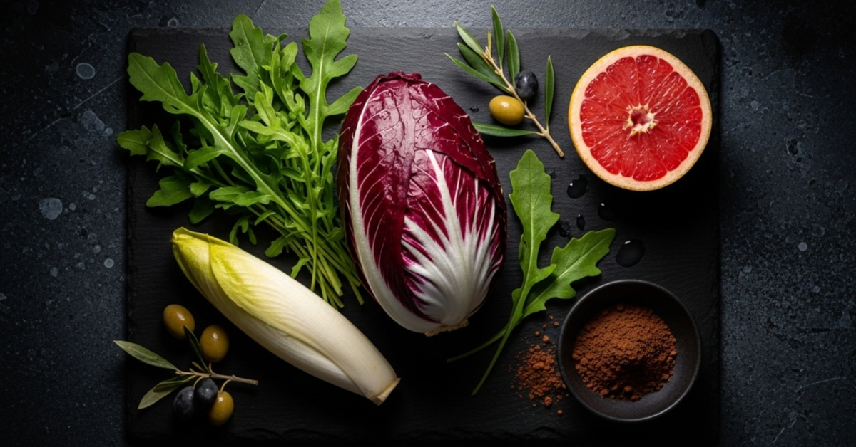 Gorzkie jedzenie - piękna kompozycja z cykorią, rukolą, grejpfrutem i ziołami na trawienie