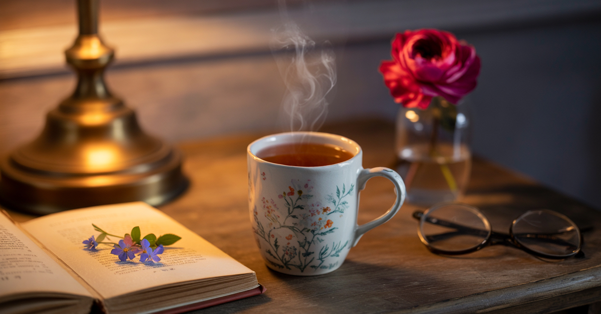 Jak poprawić jakość snu - kubek z ziołową herbatą i książka na stoliku nocnym