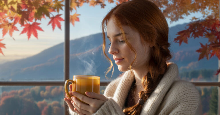 Jak wzmocnić odporność - osoba pijąca zdrowy, rozgrzewający napój w jesiennej scenerii