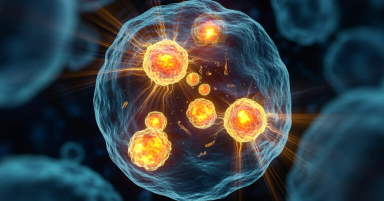 Zdrowie mitochondriów - artystyczna wizualizacja świecącej, energetycznej komórki