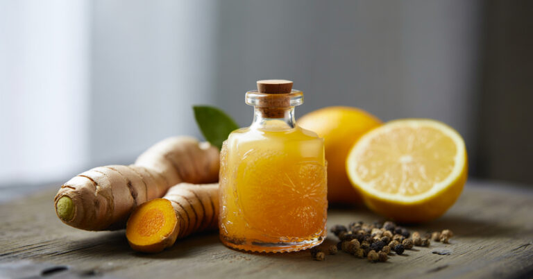 Złoty shot przepis - szklana buteleczka z shotem z kurkumy i imbiru na drewnianym tle obok świeżych składników