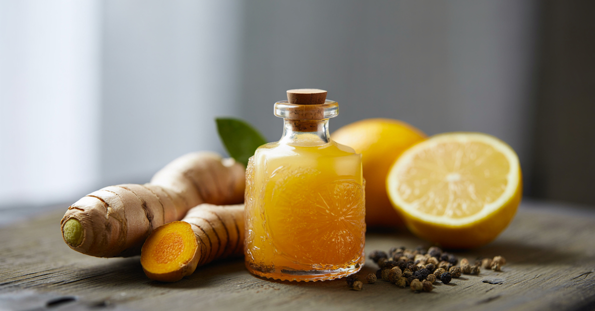 Złoty shot przepis - szklana buteleczka z shotem z kurkumy i imbiru na drewnianym tle obok świeżych składników